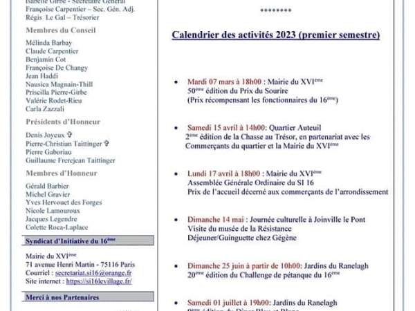 Activités prochaines 2023 du Syndicat d&rsquo;Initiative du&nbsp;16ème